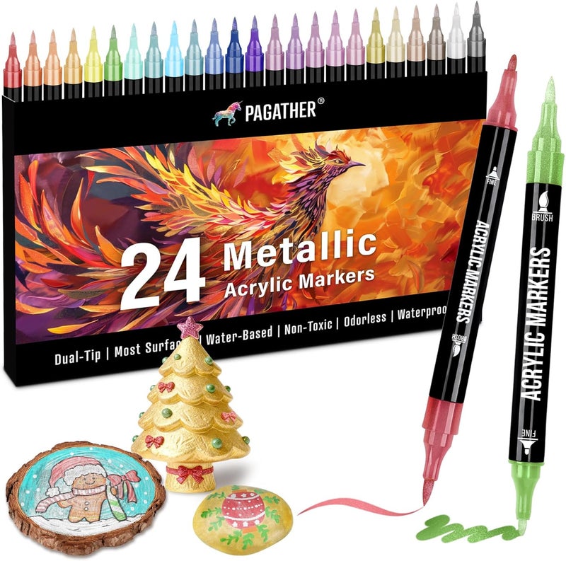 Pagather 24 Metallic Colors Acrylic Paint Markers, Dual Tip with Fine Tip and Brush Tip Pens for Stone, Wood, Calligraphy, Canvas, Ceramic, Metal, Glass, Rock Painting, DIY Crafts - Image 1